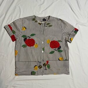 Vintage 50's Fruit Striped Smock Apron front button and pockets MCM
